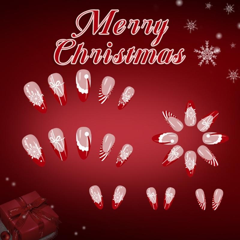 Sparkling Snowflake French Manicure Press On Nail 24Pieces Red White Stripes Christmas Design Artificial Nail