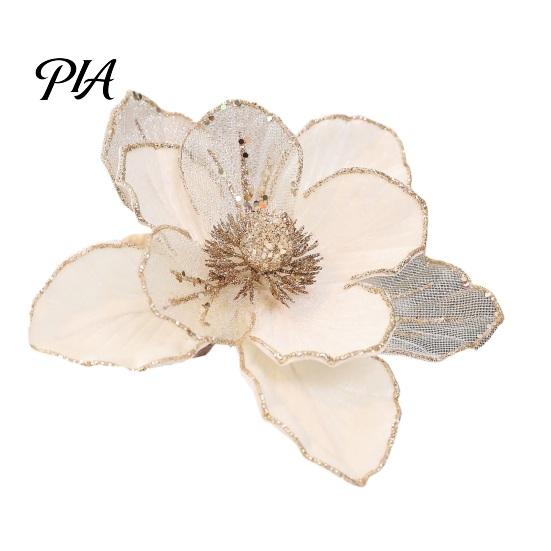 Fabric Flower Picks Christmas Glitter Magnolia Flower, Velvet Artificial Pick for Xmas Tree Embellishments and Vase, Faux Stem Ornament Holiday Party