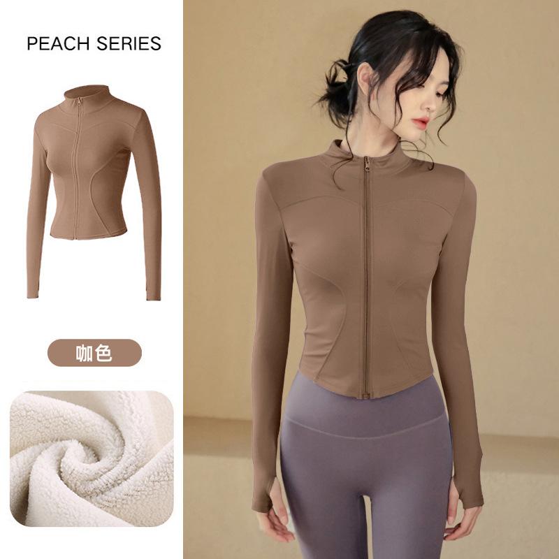 Spring warm tight stand-up neck cardigan slim yoga clothes jacket fitness clothes women's thick velvet running sports jacket