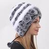 Шапка из кроличьего меха, женская зимняя теплая вязаная кепка с цветочным принтом, женская модная эластичная шапка с плотной подкладкой, уличная шапка