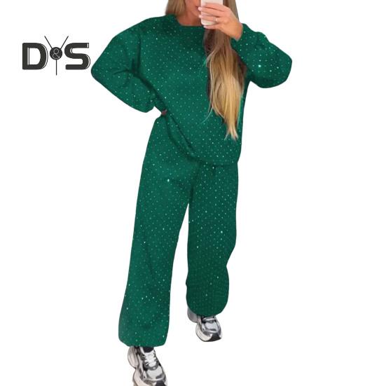 2 шт./комплект женский топ брюки костюм круглый вырез длинный рукав стразы декор толстовка эластичный пояс широкие брюки повседневная одежда спортивный наряд осень
