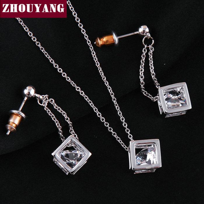 ZHOUYANG Топ Качество ZYS059 Куб Серебряный Цвет Ювелирный Набор Ожерелье Серьги Стразы Изготовлено с Австрийским Хрусталем Здоровье