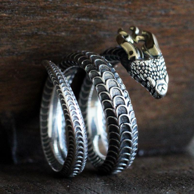 Snake Ring Male Dragon Snake Ring with Horns Live Mouth Multi-circle Ring Adjustable Retro Ethnic Style Zodiac