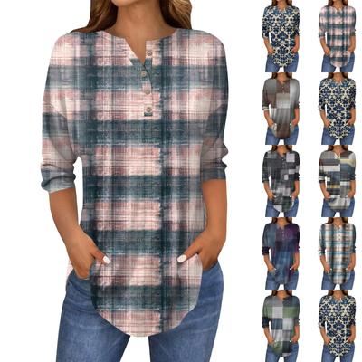 Женская свободная футболка с воротником на пуговицах и винтажным цветочным принтом, рукав три четверти