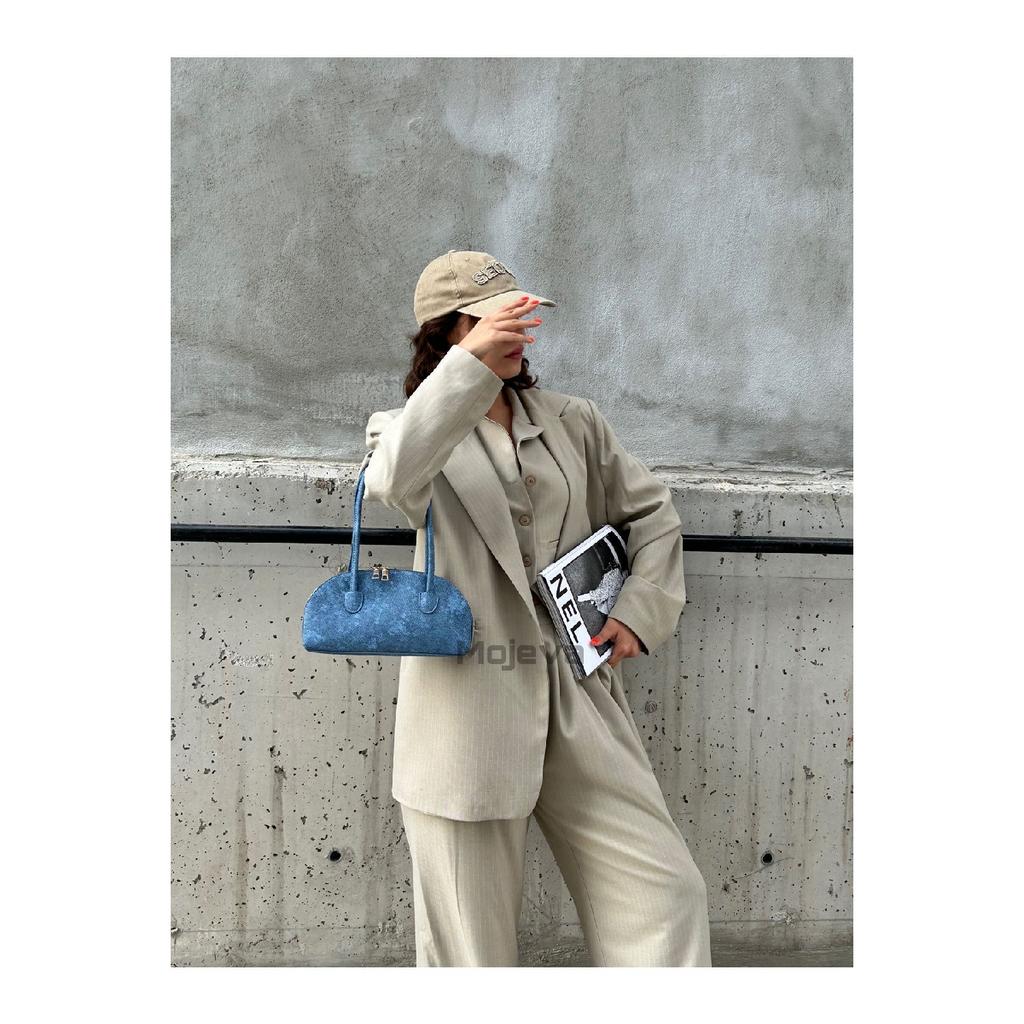 Long Handle Linen Black Women's Baguette, Hand And Shoulder Bag