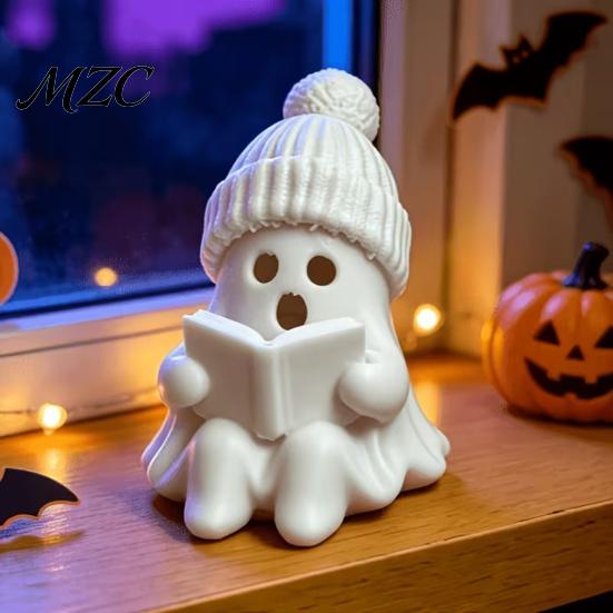 Small Halloween Table Figurine Cute Ghost Figurine, 3D Printed Reading Statue with Knit Beanie Cartoon Desk Accessory Hat, Whimsical Christmas Desktop