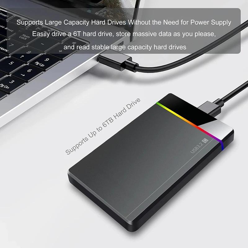 2,5-дюймовый корпус для мобильного жесткого диска RGB без инструментов, SATA на USB 3.2, корпус для жесткого диска, 5 Гбит/с, для ноутбука, SSD, HDD