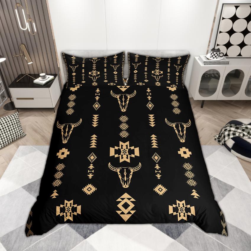 Homewish Bohemian Aztec Duvet Cover Set 2pcs/3pcs, Rustic Cow Skull Bedding, Retro Farmhouse Lodge Cabin Comforter Cover Set