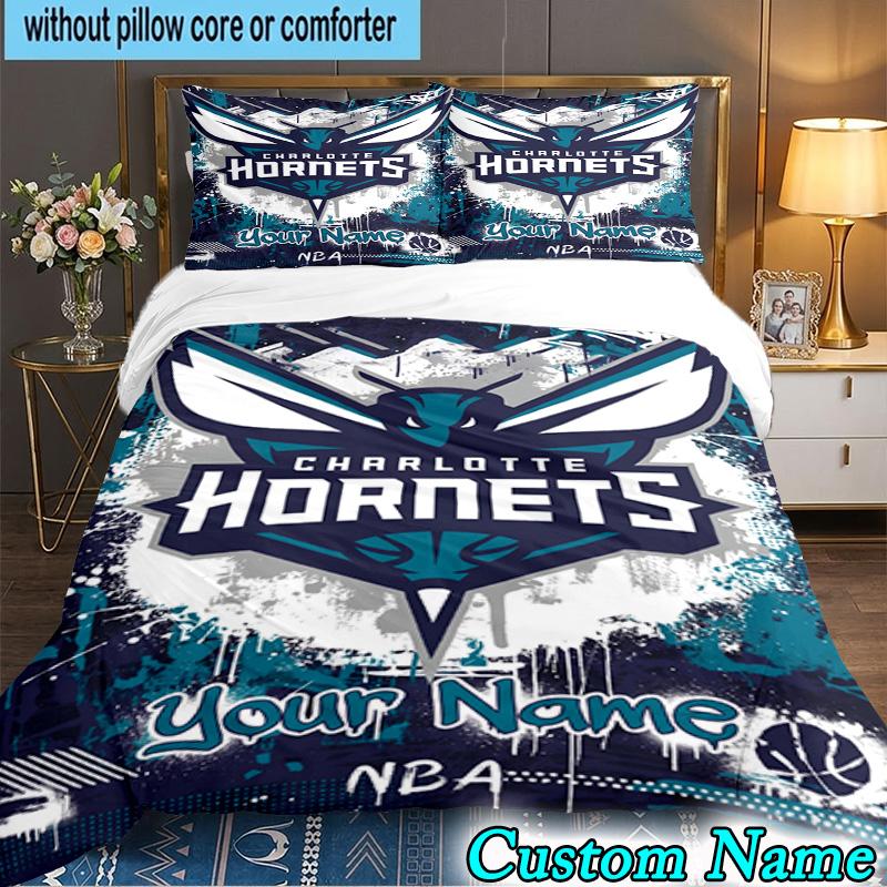 Custom Name 3PCS Charlotte-Hornets Logo Bedding Set,Including Duvet Cover And 2pcs Pillowcases Perfect for Bedroom,Dormitory,Fan Christmas gift