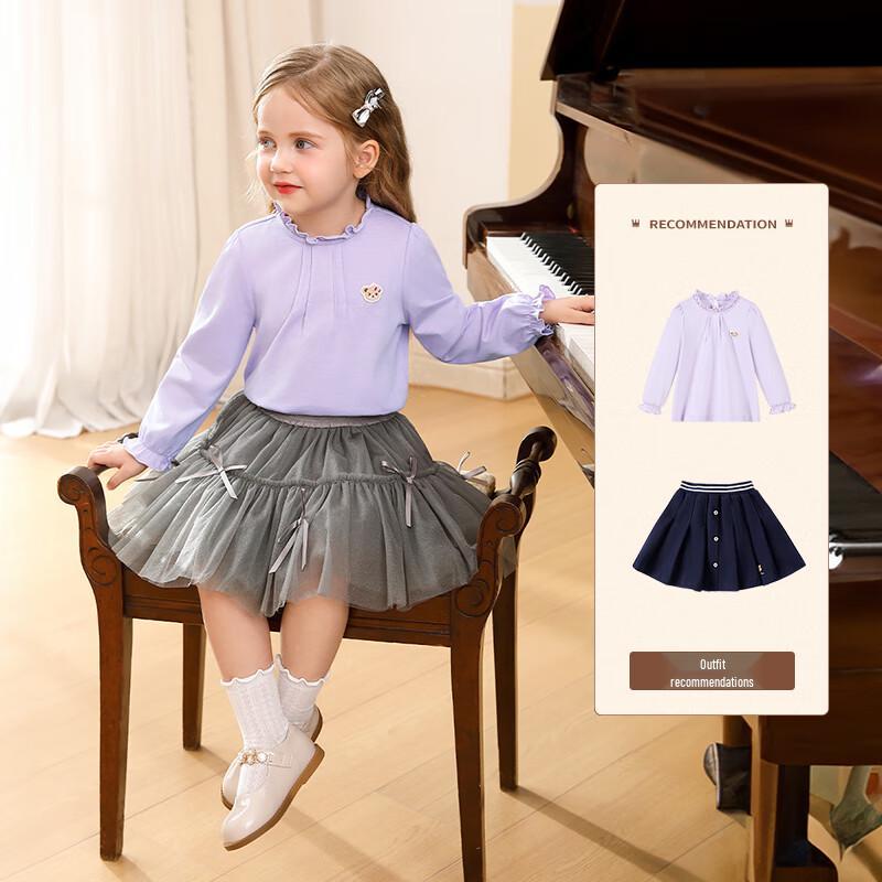 Classic Teddy Girls' Ruffled Collar Long Sleeve Cotton T-shirt