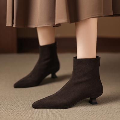 Модные НОВЫЕ Осенние Женские Ботинки Острый Носок Каблук-Рюмочка Обувь из Коровьей Замши для Женщин Элегантные На Молнии Современные Ботинки Повседневная Обувь