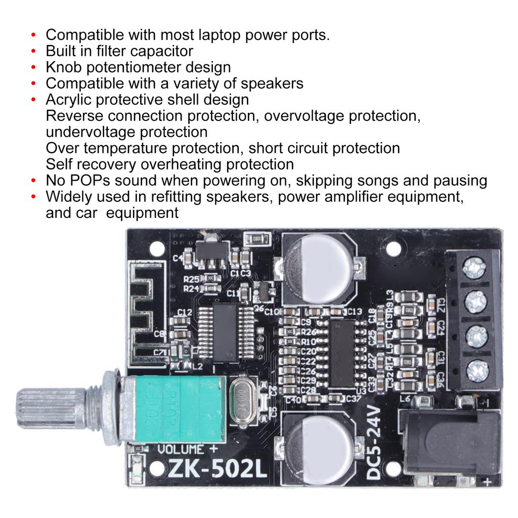 Плата усилителя мощности Bluetooth ZK‑502L Плата усилителя мощности Bluetooth Модуль стерео цифрового аудиоусилителя для самодельных динамиков