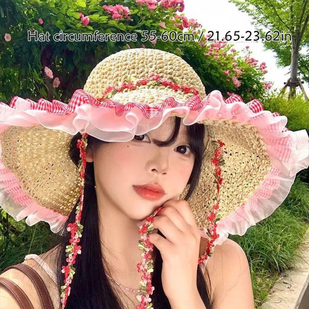 Foldable Lace Trim Hats Sun Protection Straw Sun Visors High Quality Straw Hat Women Girls