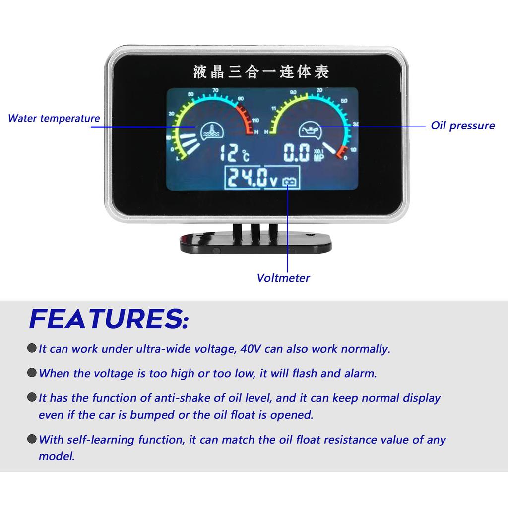 3 in 1 Car LCD Meter Digital Oil Pressure Voltage Water Temperature Gauge Universal Instrument 9 36V for Car Truck SUV