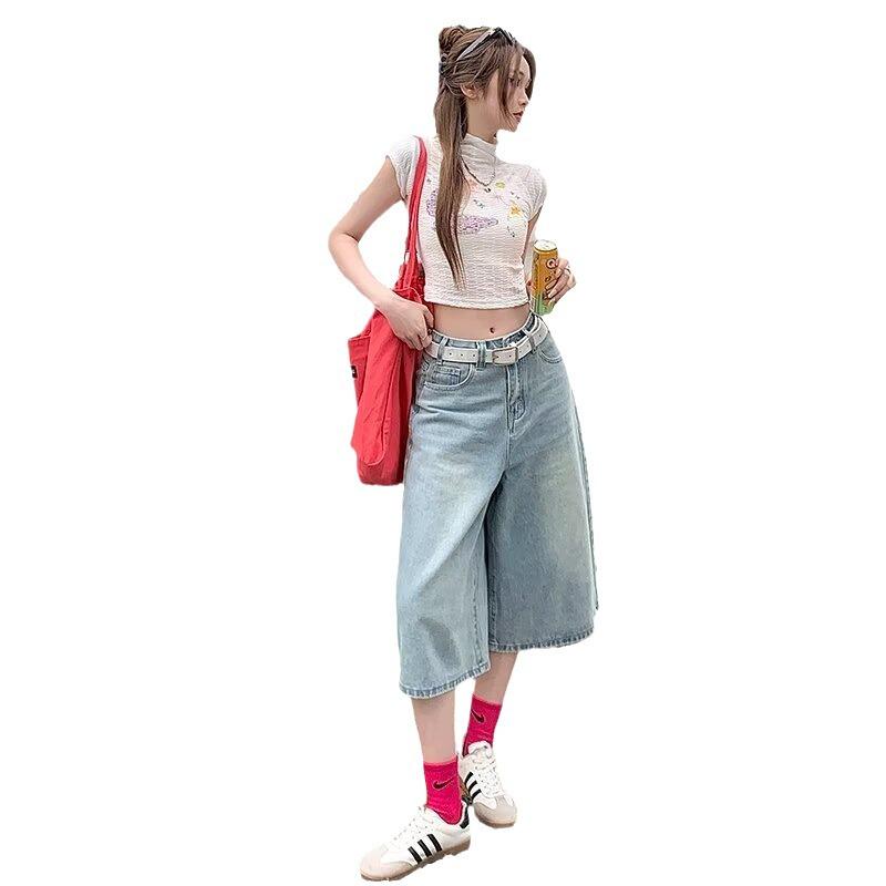 Женские винтажные джинсовые шорты с высокой посадкой и широкими штанинами - Летние легкие и свободного кроя