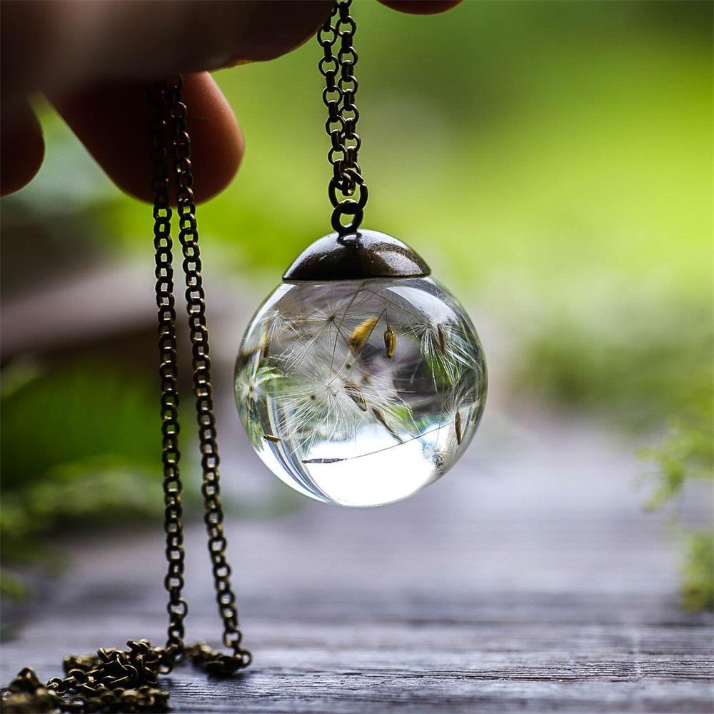 Women Gift For Her New Handmade Clear Crystal Ball Pendant Dandelion Wishing Necklace Dandelion