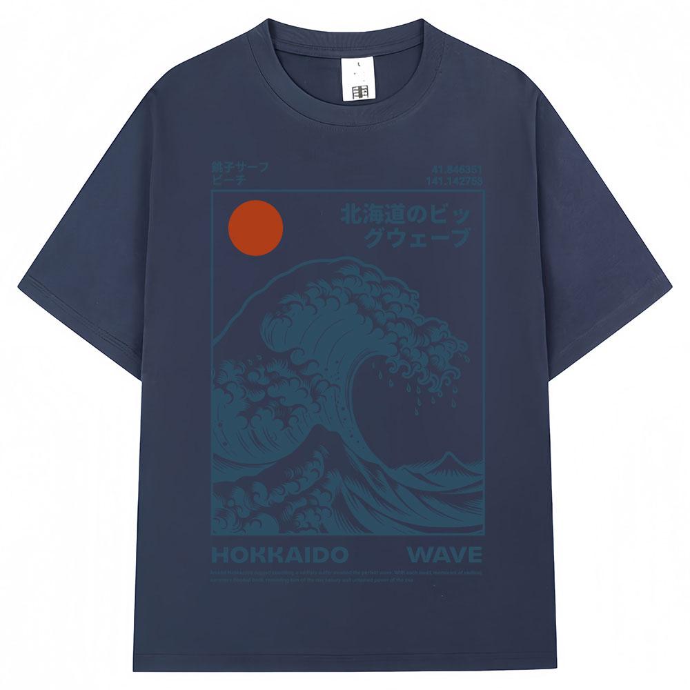 Japanese Style Hokkaido Wave Vintage Tshirt Men Women Harajuku Fashion High Quality T Shirts Oversized Cotton Summer Tee Shirt