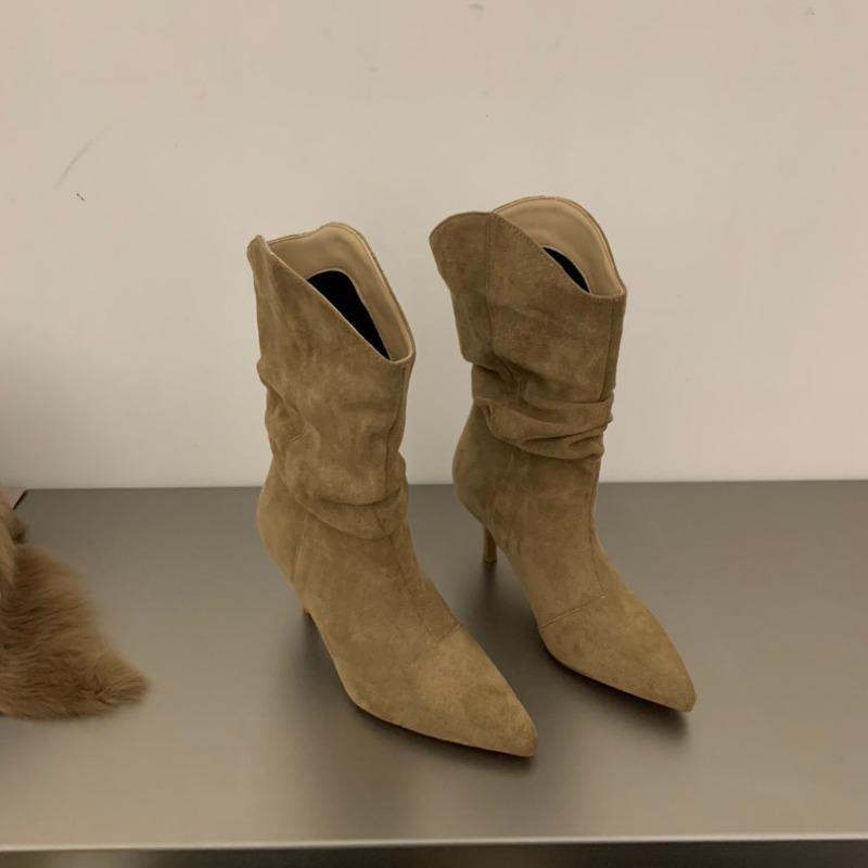 Fashion 2024 Spring and Autumn New Matte Leather Pointed Solid Color Fashion Versatile Comfortable Women's Mid Top Boots Single Boot