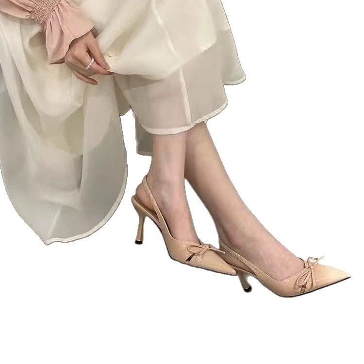Босоножки с заостренным носком и бантом, весна-лето 2025, новые туфли на французской шпильке со средним каблуком, туфли на высоком каблуке