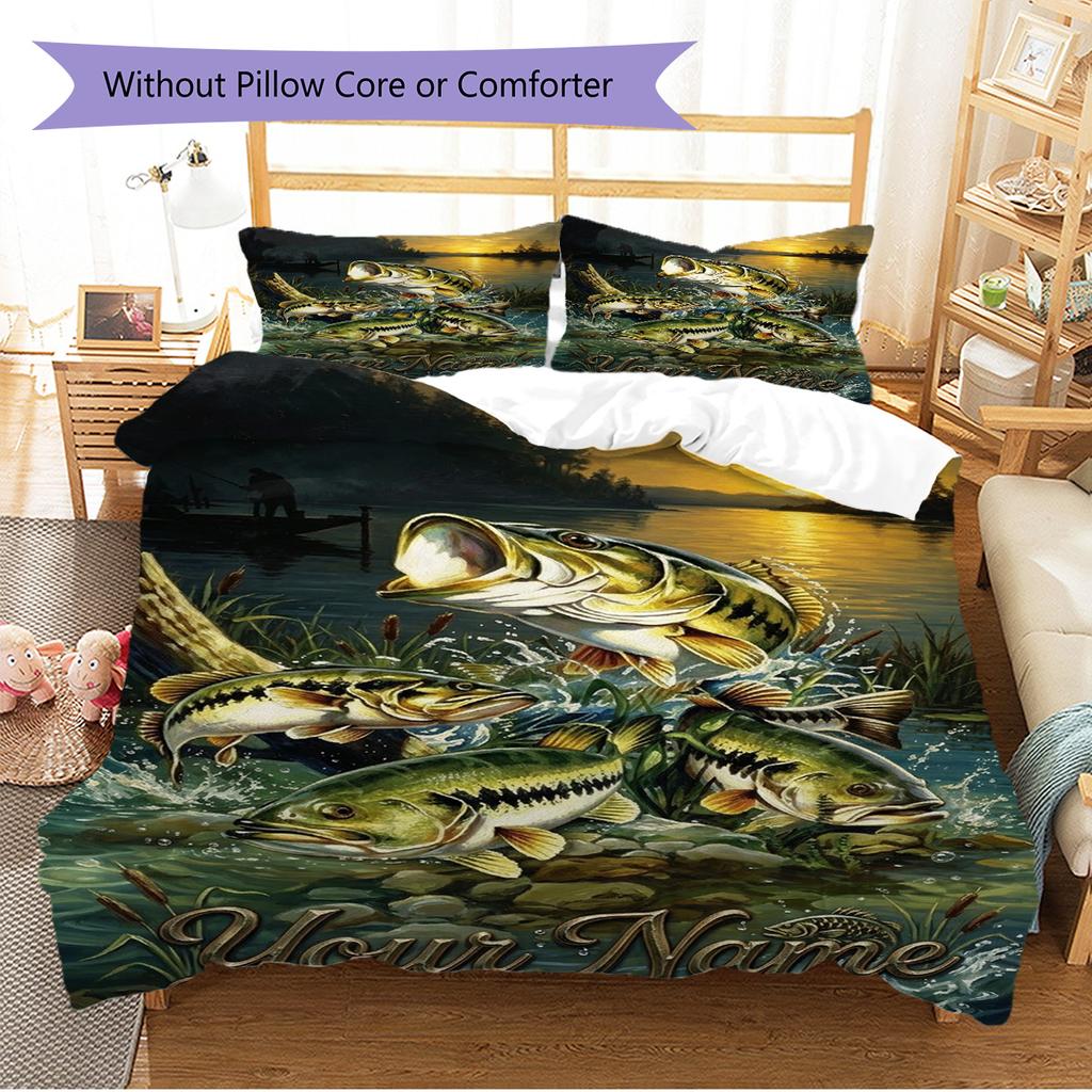 Name Custom Bass Fishing Pattern Bedding Set Quilt Cover Pillowcase Home Decor Gift (1 * duvet cover + 2 * pillowcase, without core)