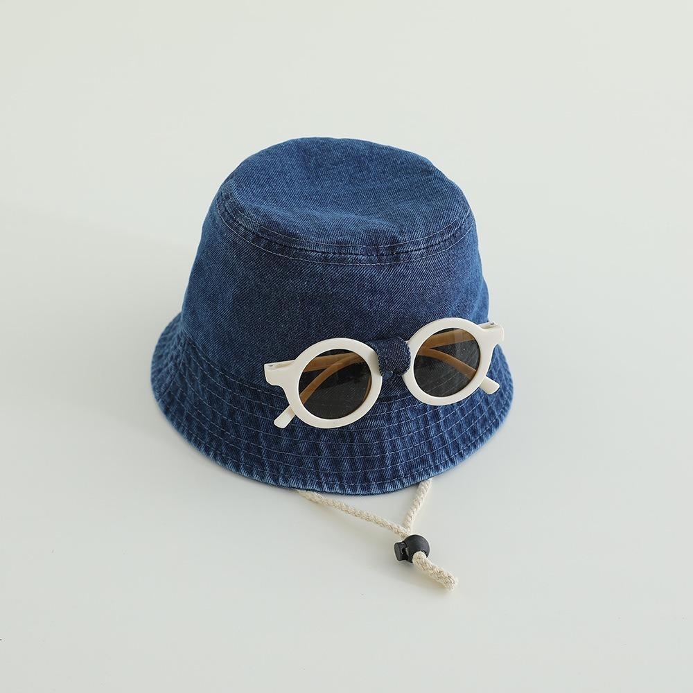 Solid Color Baby Hat With Sunglasses Spring Denim Bucket Hat Fisherman Hats For Kids 1-4 Year
