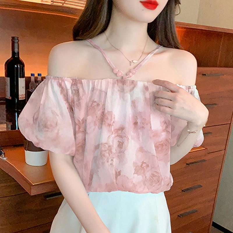 Милая рубашка с открытыми плечами, женские свободные топы, элегантная летняя блузка с короткими рукавами и цветочным принтом, женская новая повседневная одежда 27415