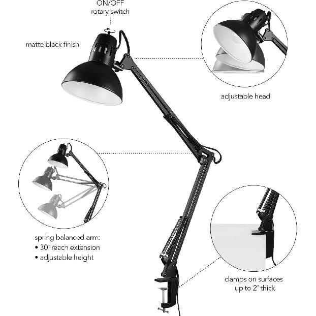 Globe Electric 56963 31.5" Multi-Joint Desk Lamp with Metal Clamp, Black, On/Off Rotary Switch on Shade, Partially Adjustable Swing Arm, Home