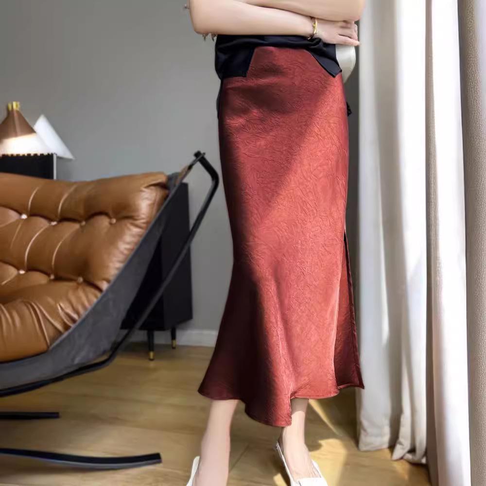 Женская плиссированная юбка-рыбий хвост из высококачественного шелка - лето 2024 г., однотонная, с высокой талией, с разрезом.