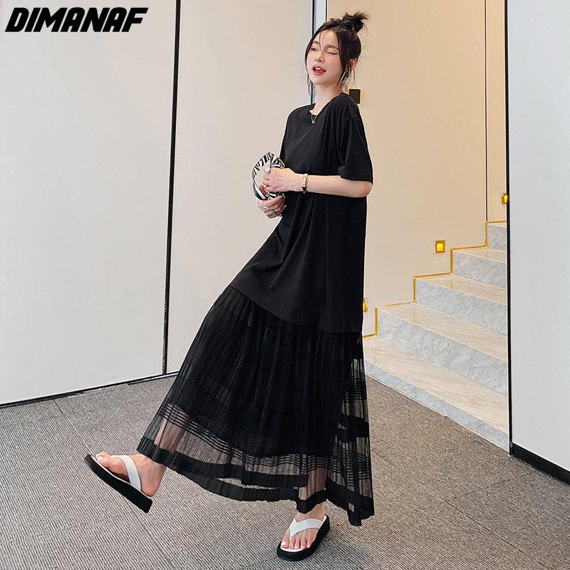 Dimanaf 2025 Плюс Размер Новое Летнее Стильное Женское Платье Повседневное Свободное Платье Праздничное Лоскутное Длинное Платье Оверсайз Черный