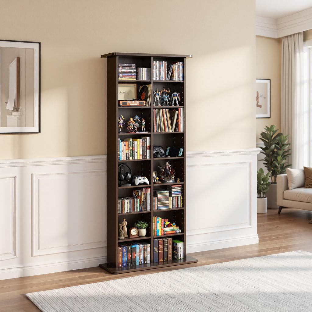Media Storage Cabinet, 8-Tier DVD Shelf Organizer, 559 x 222 x 1295 mm Multimedia Storage Organizer for CDs, DVDs, Books and Games, CD Shelf for
