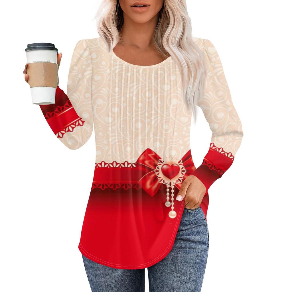 Женская модная повседневная плиссированная футболка с круглым вырезом и рождественским принтом с длинными рукавами