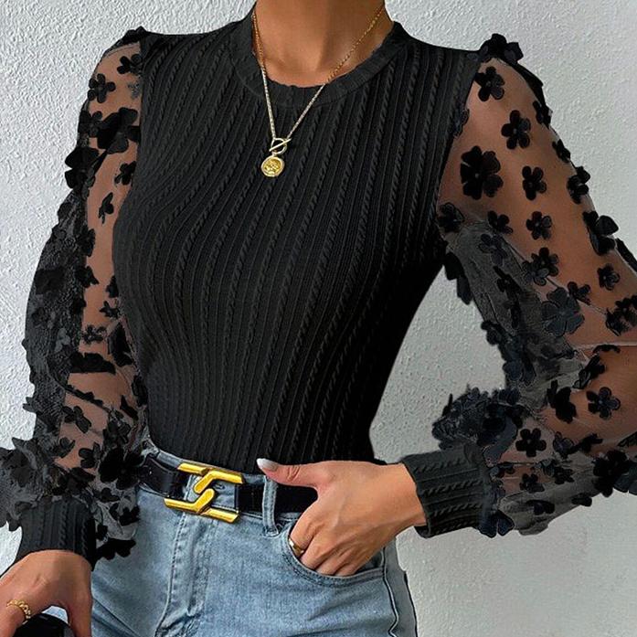 Сетчатая шифоновая рубашка с маленькими цветами, женская весна и лето, тонкий пуловер с круглым вырезом, блузка с длинными рукавами