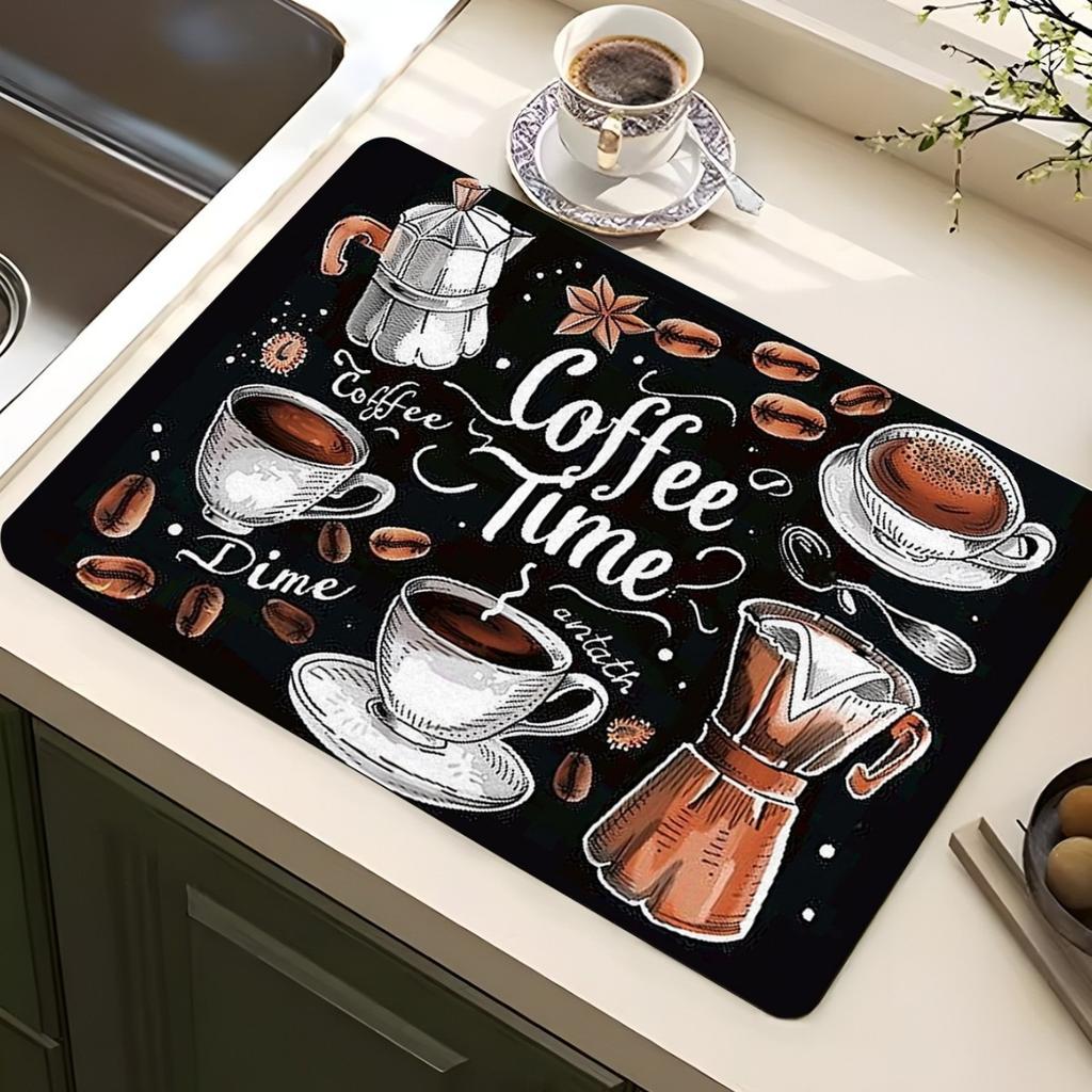Классический кофейный дизайн Коврик для сушки посуды Мягкая резина Нескользящий Впитывающий Полиэстер Устойчивый к пятнам Для кухни Кофейный бар Столешница