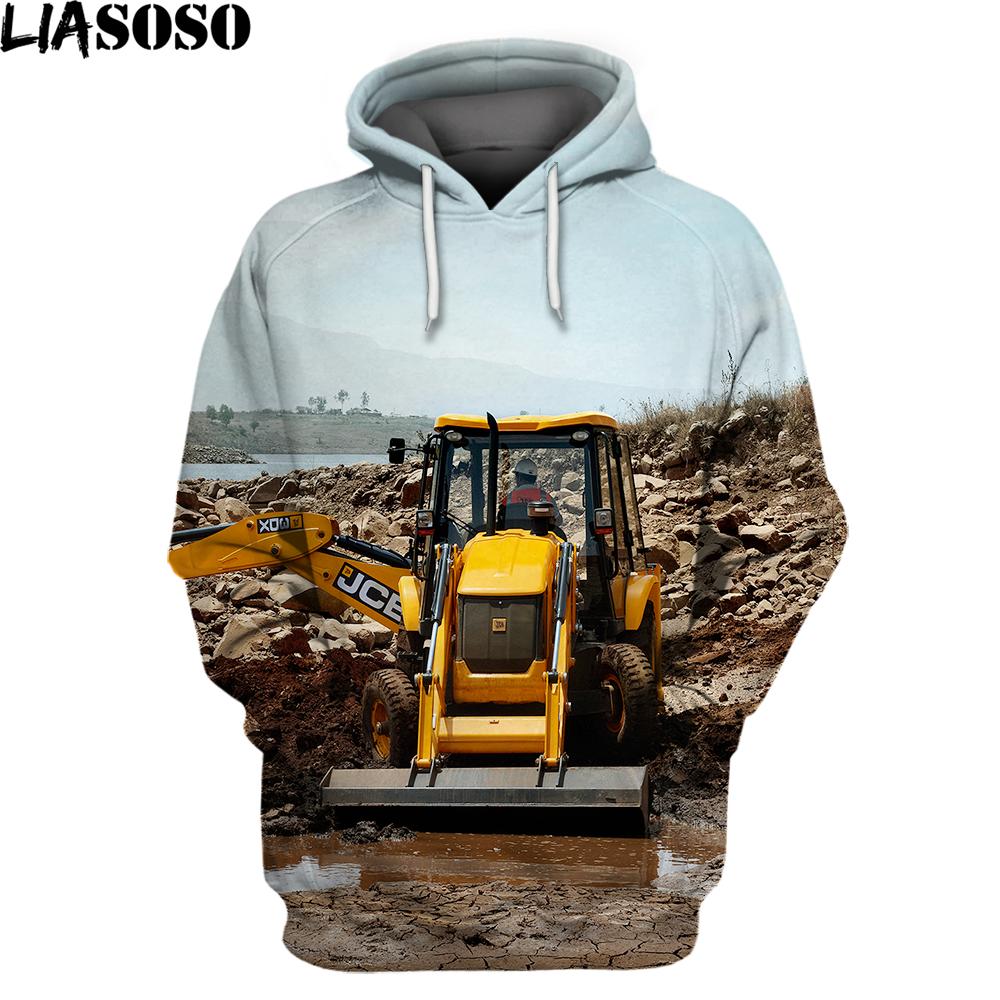 Весна Осень Модная мужская толстовка с капюшоном Трактор Экскаватор 3D Печатный Уличная одежда Унисекс Куртка Повседневные Большие Топы