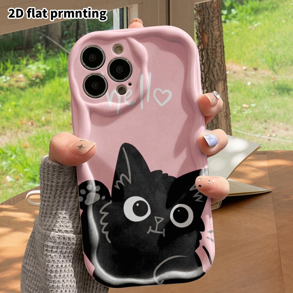 Phone Case: 2D flat design suitable for iPhone 18 17 16 15 14 13 Pro protective case, pink background with little black cat, perfect Christmas and Hal