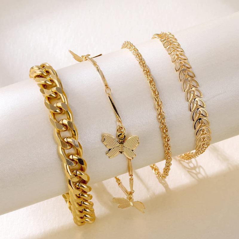 Модный комплект браслетов-цепочек для женщин, стразы золотого цвета, листья, браслет-бабочка, кулон, открытые манжеты, браслет для девочек, ювелирные изделия