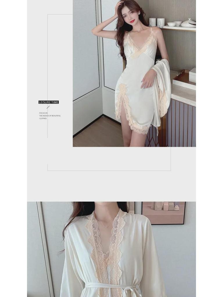 Пижамный комплект из кружева Ice Silk Deep V Backless для женщин