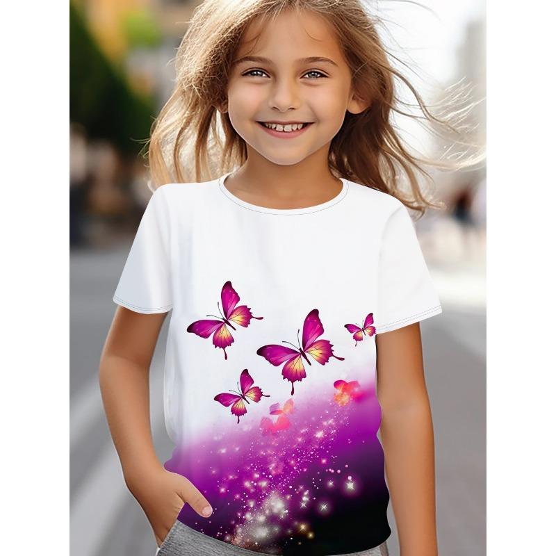 Children's Clothing Girl Clothes Short Sleeve Girl T-Shirt Prety Butterfly Print Kawaii Round Neck Girl Top Kids Summer Clothes