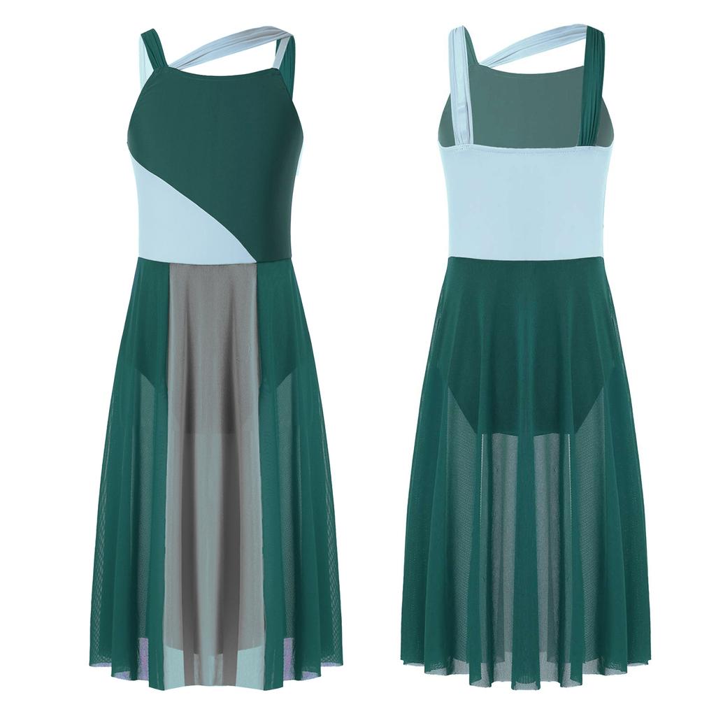 Детские шифоновые лирические танцевальные костюмы без рукавов для девочек, платье-купальник с цветными блоками, современные платья