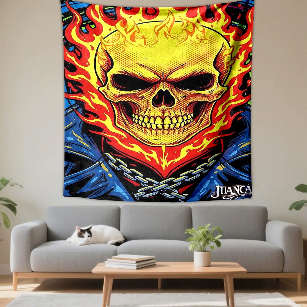 Tapestry Ghost Rider Flaming Skull Chain Pop Art Neon Comic Supernatural Wall Hanging for Biker Motorcycle Man Cave Decor