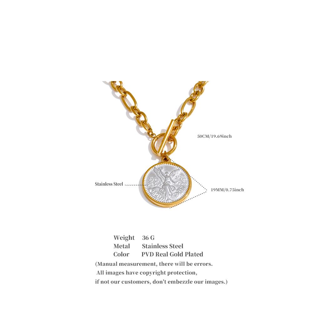 Eetit Round Double Sided Angel Pendant Drop Necklace Stainless Steel Golden Chain Toggle-Clasps Statement Jewelry Waterproof