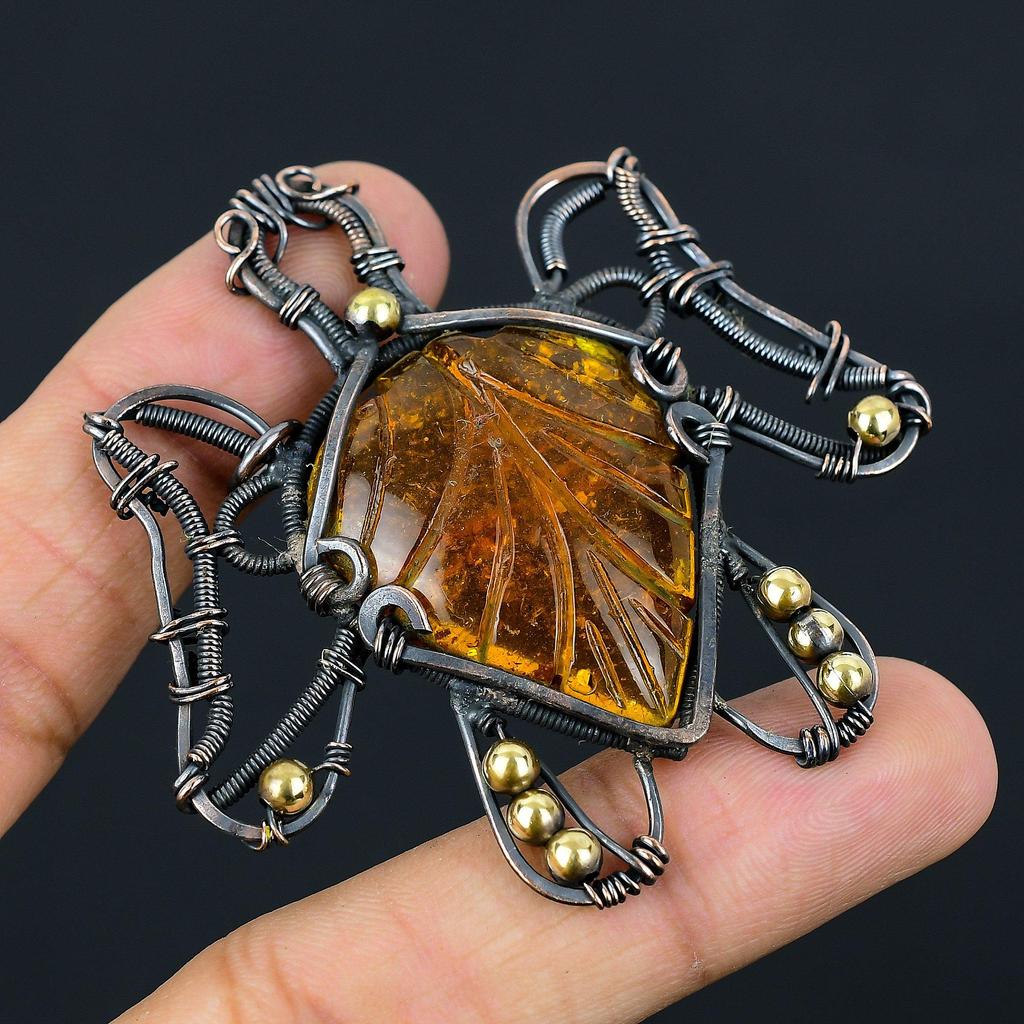 Резной балтийский янтарь в форме черепахи, драгоценный камень, медная проволока, подвеска ручной работы, ювелирный подарок