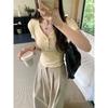 No price reduction #front shoulder button V-neck short-sleeved T-shirt women's fungus edge design slim-fit top
