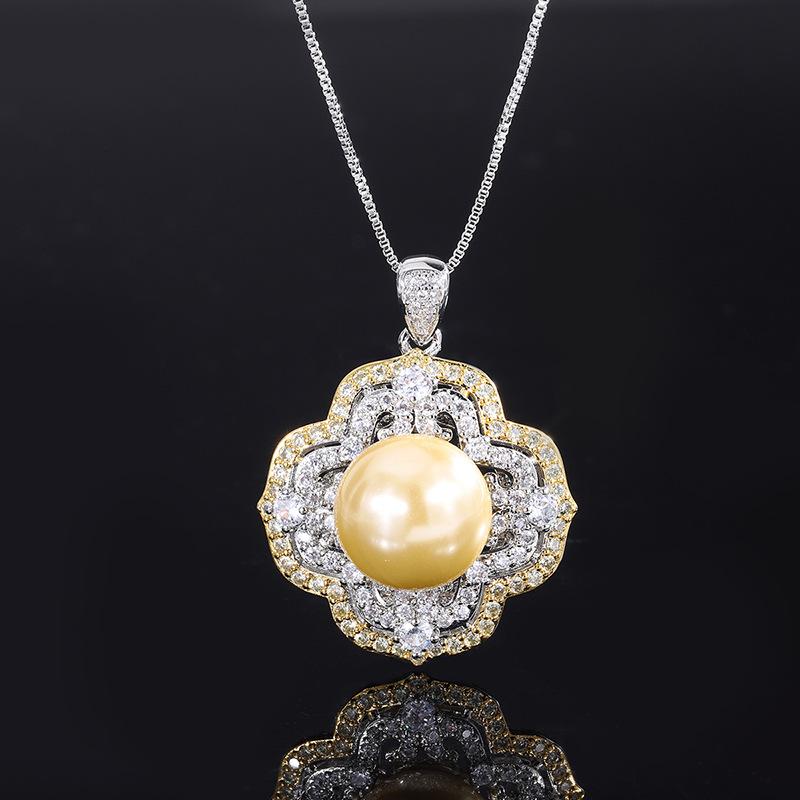 Ювелирные изделия с инкрустацией золотом, белыми бусинами, гальваническое покрытие с разделением цветов светло-золотистого цвета, модная инкрустация бриллиантами, колье-подвеска 14 мм