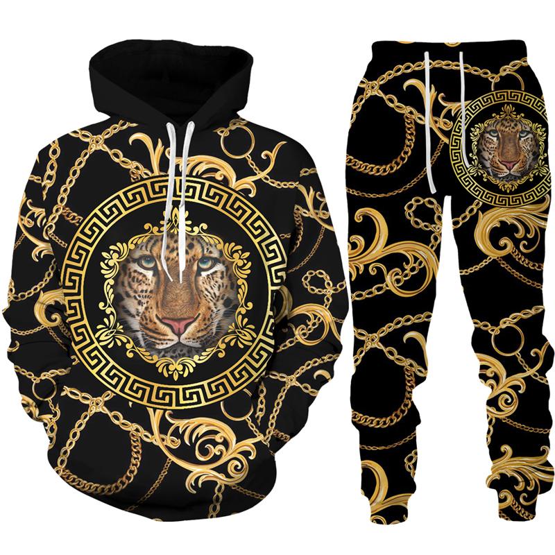 Golden Lion 3D Printed Hoodie Pants Suit Men's Casual Graphic Streetwear Pullover Sweatshirt Outfits Set Hip Hop Cool Tracksuits