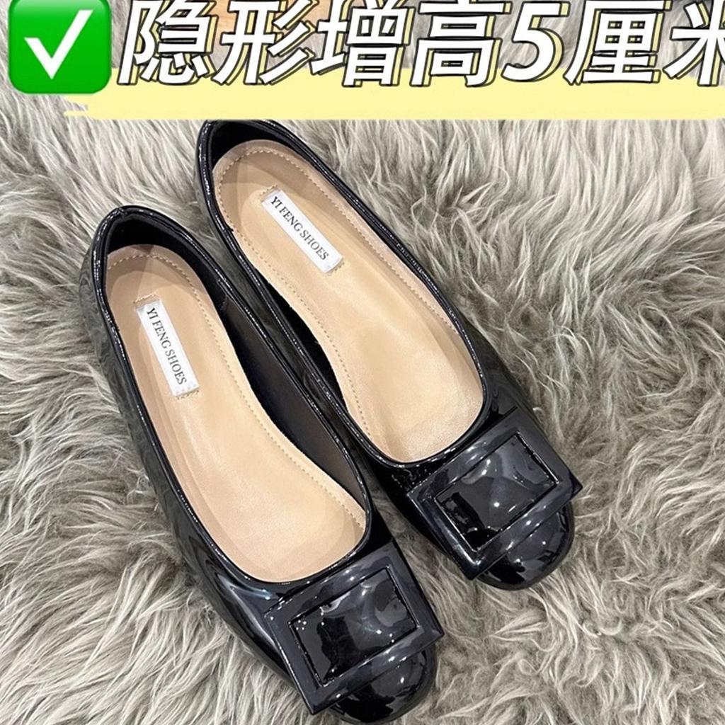 Height increase 5cm nude square buckle light mouth single shoes women's 2026 autumn new French round head soft flats