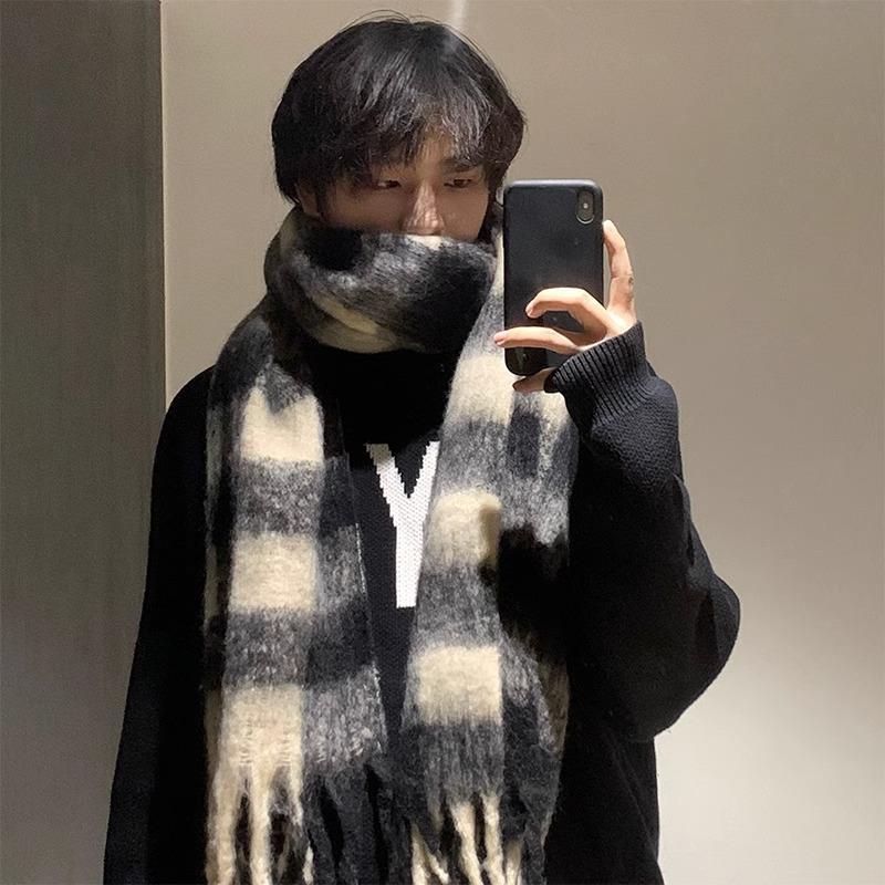 Maillard plaid scarf autumn and winter women's new shawl Korean high-end atmosphere thickened couple scarf