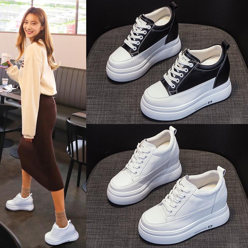 Small Size Casual Women's Shoes 10CM Height Increase Small White Shoes 2025 Autumn Muffin Thick-soled Leather Single Shoes Small Board Shoes