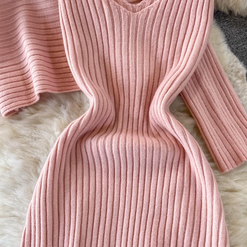 Осенний женский комплект платья-свитера, шикарный короткий вязаный свитер, топ с бретелькой на шее, платье с v-образным вырезом, темпераментное платье на бедрах, многослойный комплект из двух предметов