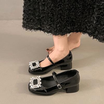 Французские ретро туфли Мэри Джейн женские 2025 весна новая темпераментная страза квадратная пряжка на толстом каблуке высоком каблуке одинарные туфли